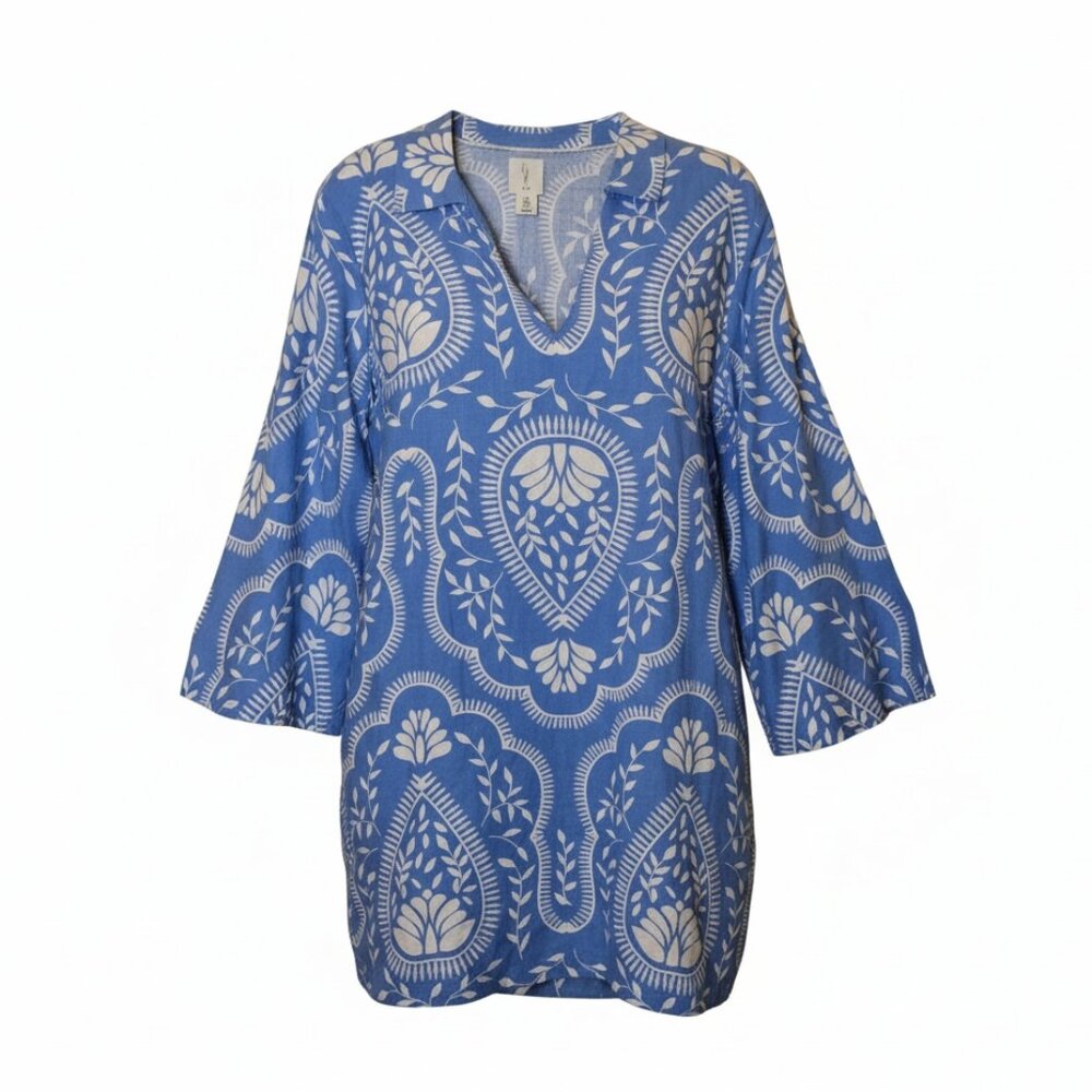 Joie Blue White Paisley Tunic Dress Size 8 Bell Sleeve Boho Resort Mini